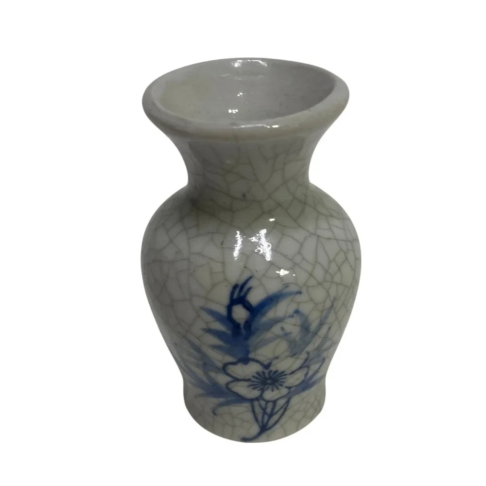 Miniature‎ Blue and White Crackle Glaze Floral Ceramic Bud Vase 3 